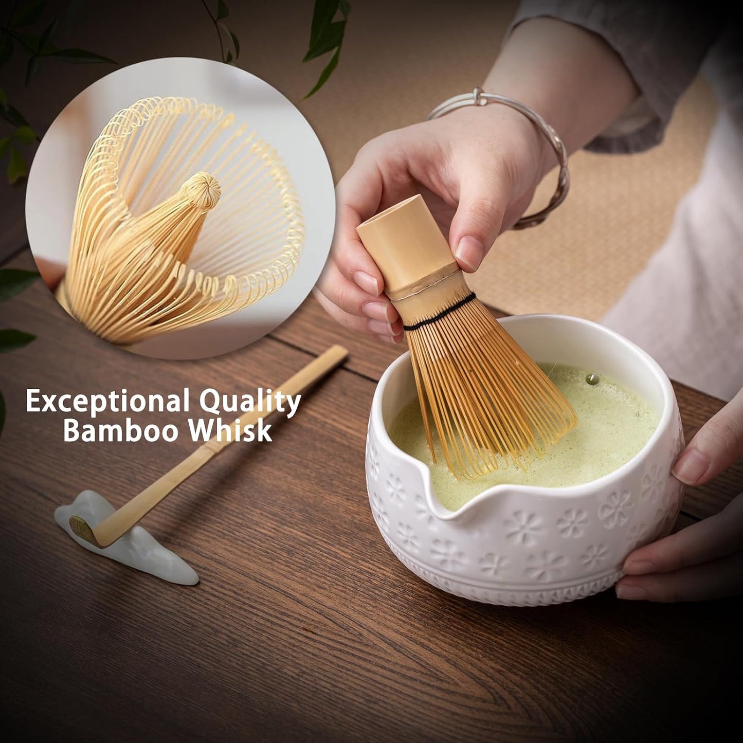 Buucup Matcha Whisk Set, Ceramic Matcha Kit Set Includes Matcha Bowl, Matcha Whisk and Holder, Bamboo Scoop, Scoop Rest, Sifter and Tea Towel - 7 Pcs Matcha Kit for Matcha Lovers (Mottled Green)
