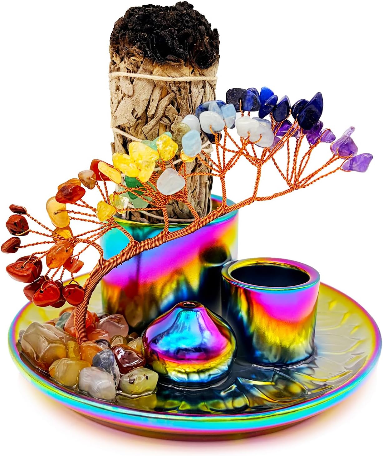 5 in 1 Incense Burner Holder with Crystal Healing Tree, Palo Santo Holder, Sage Holder, Incense Holder for Sticks/Cones/Candles, Ceramic Tray Ash Catcher for Burning Incense, Meditation Gift