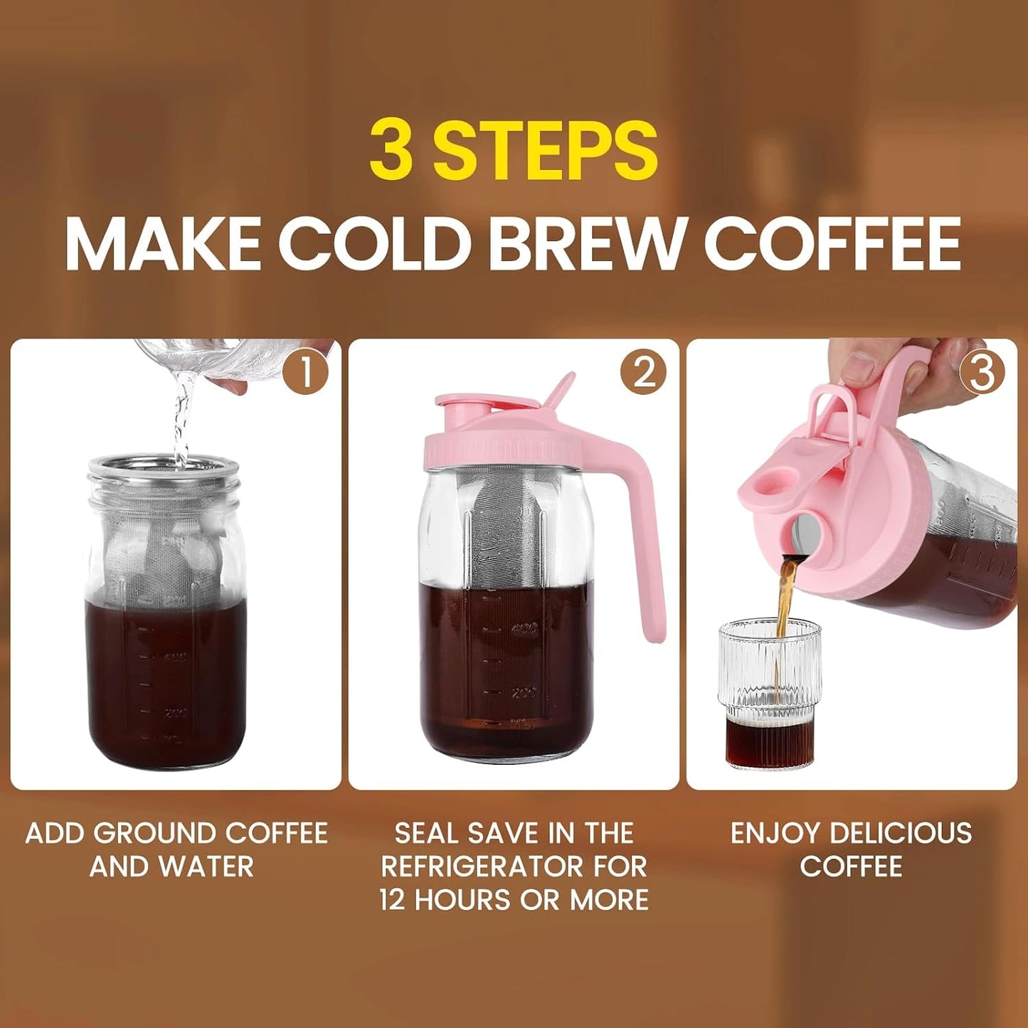 Cold Brew Coffee Maker,64 oz Mason Jar Pitcher with Stainless Steel Filter, Pour Spout Handle Lid, Heavy Duty Glass Airtight & Leak-Proof for Iced Coffee,Tea & Lemonade