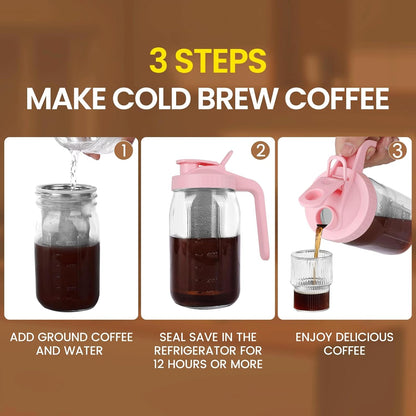 Cold Brew Coffee Maker,64 oz Mason Jar Pitcher with Stainless Steel Filter, Pour Spout Handle Lid, Heavy Duty Glass Airtight & Leak-Proof for Iced Coffee,Tea & Lemonade