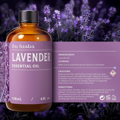 SU JUABA Lavender Essential Oil for Aromatherapy, Sleep & Relaxation | Calming Scent for Diffusion & Skin Care, Ideal for DIY Candles Soap & Fabric Softening - 118mL / 4 fl oz