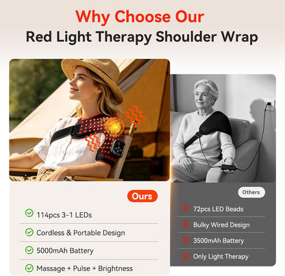Cordless Red Light Therapy for Shoulder with Massage, 5000mAh Portable Red Light Shoulder Therapy Wrap with 114 LEDs, Near-Infrared Shoulder Brace with Heat, Vibration Massager & Pulse for Men Women