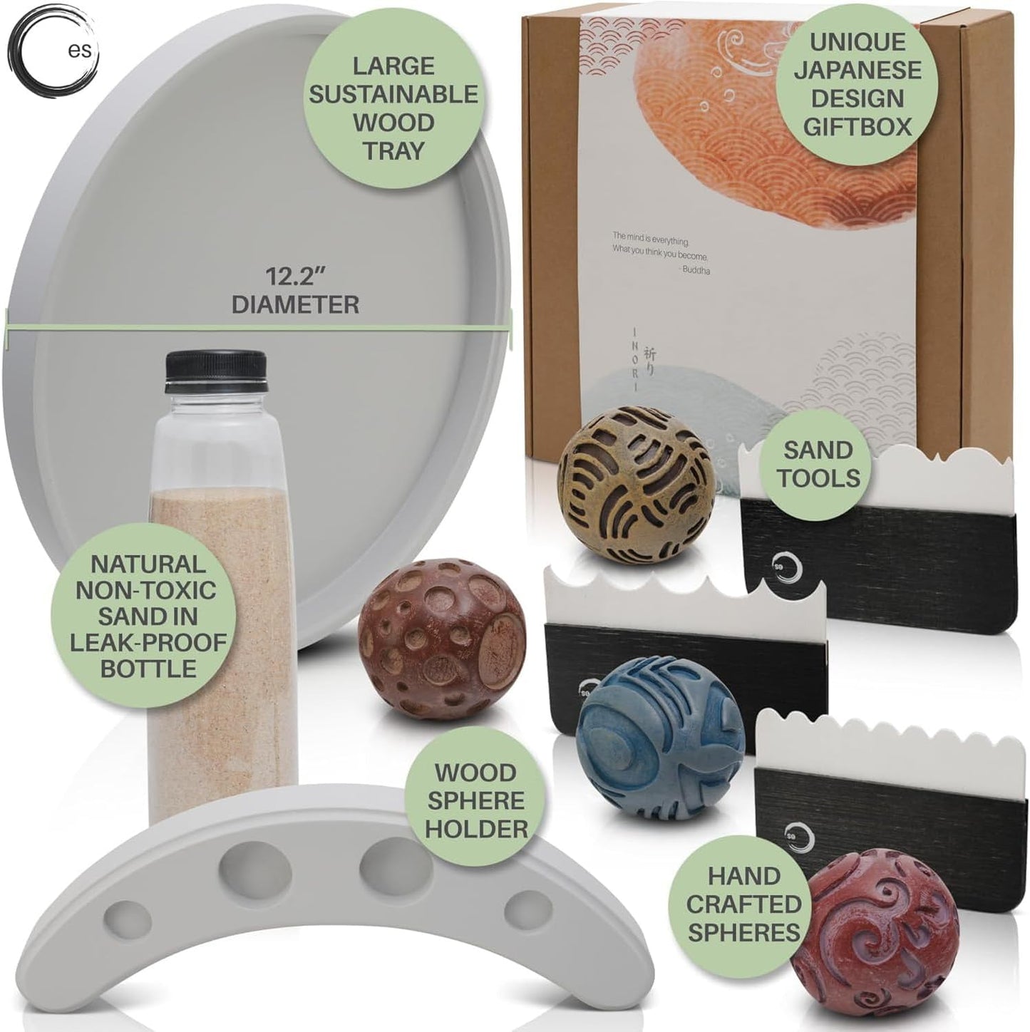 ENSO Zen Garden for Desk, Japanese Bamboo Sand Tray Therapy Kit | Lead-Free Granite Stone, Patented Elemental Design, 1-Inch Deep Bamboo Base, Includes Rake and Brush, Adult and Kids Use