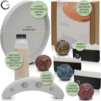ENSO Zen Garden for Desk, Japanese Bamboo Sand Tray Therapy Kit | Lead-Free Granite Stone, Patented Elemental Design, 1-Inch Deep Bamboo Base, Includes Rake and Brush, Adult and Kids Use