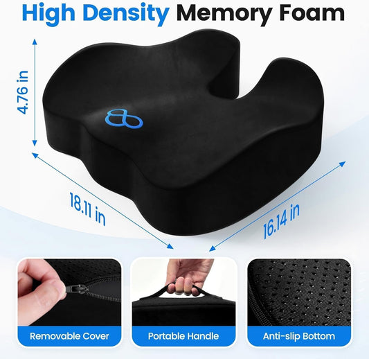 Seat Cushion, Memory Foam Chair Cushions for Tailbone/Sciatica Easing, Chair Pillow with Handles for Car, Office Chair Cushion with Non-Slip Design, Ideal for Post-Surgery Recovery(Black)