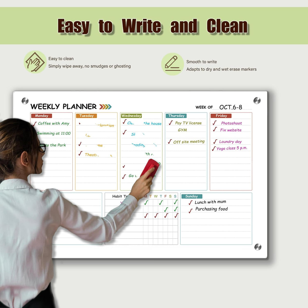 Glass Colorful Weekly Dry Erase Board for Wall,Weekly Planner Whiteboard for Wall 24"x18",Frameless Mounting,Medium Weekly Wall Calendar Dry Erase for Office/School/Home