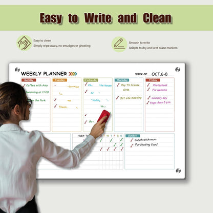 Glass Colorful Weekly Dry Erase Board for Wall,Weekly Planner Whiteboard for Wall 24"x18",Frameless Mounting,Medium Weekly Wall Calendar Dry Erase for Office/School/Home