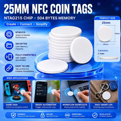 NTAG215 Blank NFC Coin Tags, 25mm Round Programmable 504 Bytes