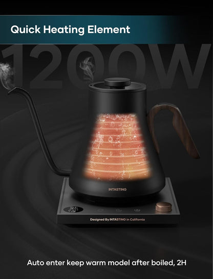 INTASTING Electric Kettle, Gooseneck Electric Kettle, ±1℉ Precise Temperature Control, Stainless Steel Interior, Quick Heating for Pour Over Coffee, Tea & Boiling Water, 0.9L (Black)
