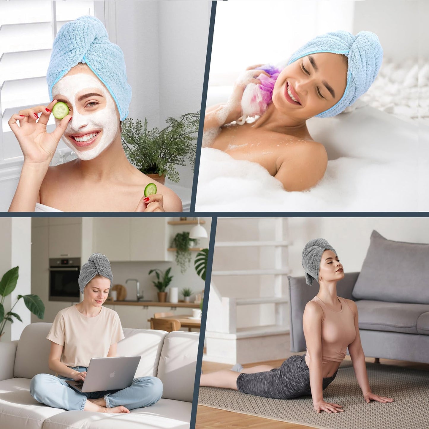 2 Pack Microfiber Hair Towel - 41 x 24 inches Super Soft, Absorbent, Fast Drying Without Frizz Hair Towel Wrap for Women Long, Thick, Curly Hair - Hair Turbans with Elastic Strap