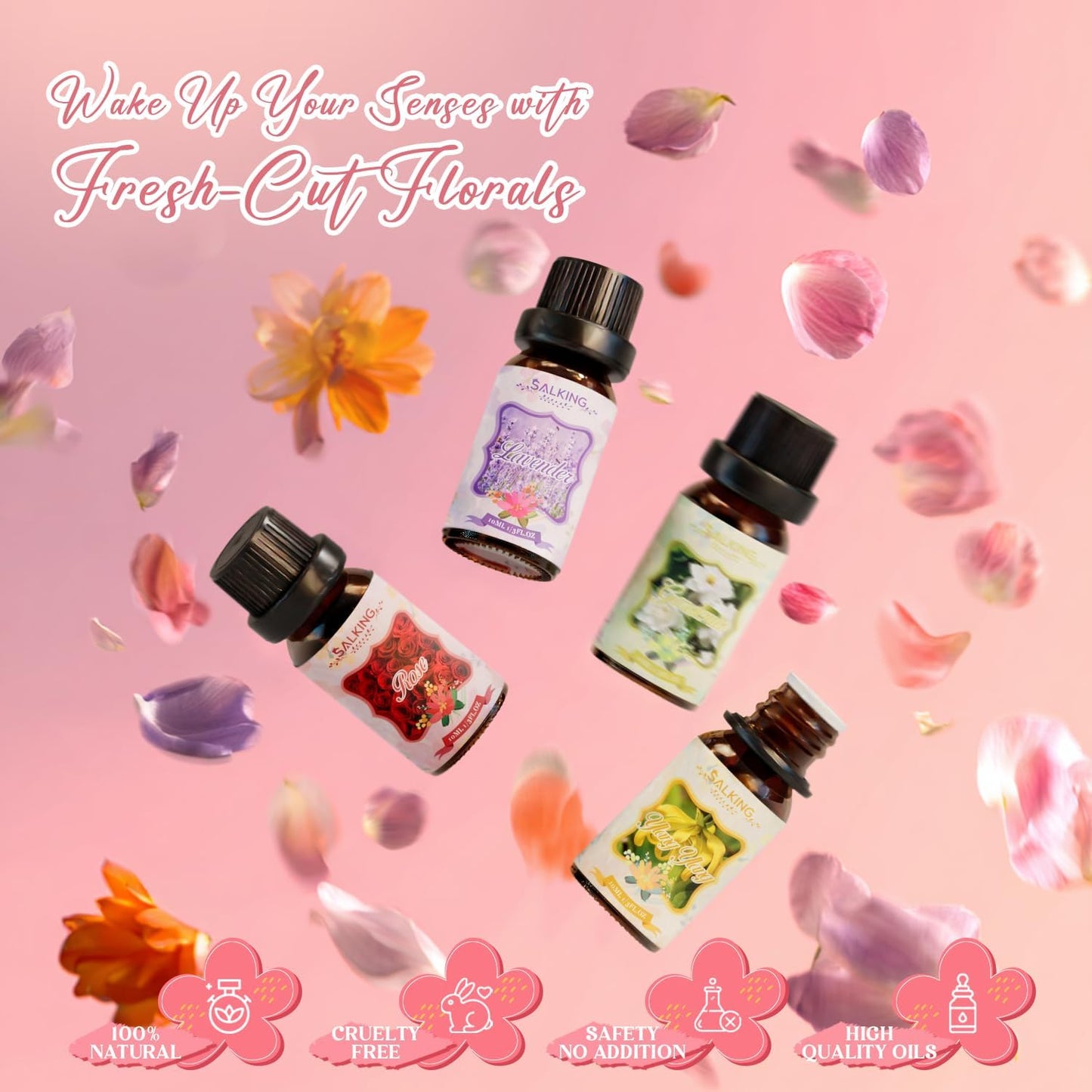 SALKING Floral Essential Oils Set, Premium Pure and Natural Essential Oils, Fragrance Oil Scented Oils for Oil Diffusers 6 x 10 ML - Lavender, Rose, Jasmine, Cherry Blossom, Gardenia, Chamomile