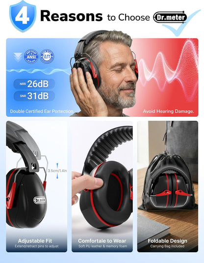 Dr.meter Ear Muffs for Noise Reduction: 27.4SNR Noise Cancelling Headphones for Kids Adults, EM100 Adjustable Hearing Protection Earmuffs for Monster Jam, Autism Sensory, Concerts, Fireworks