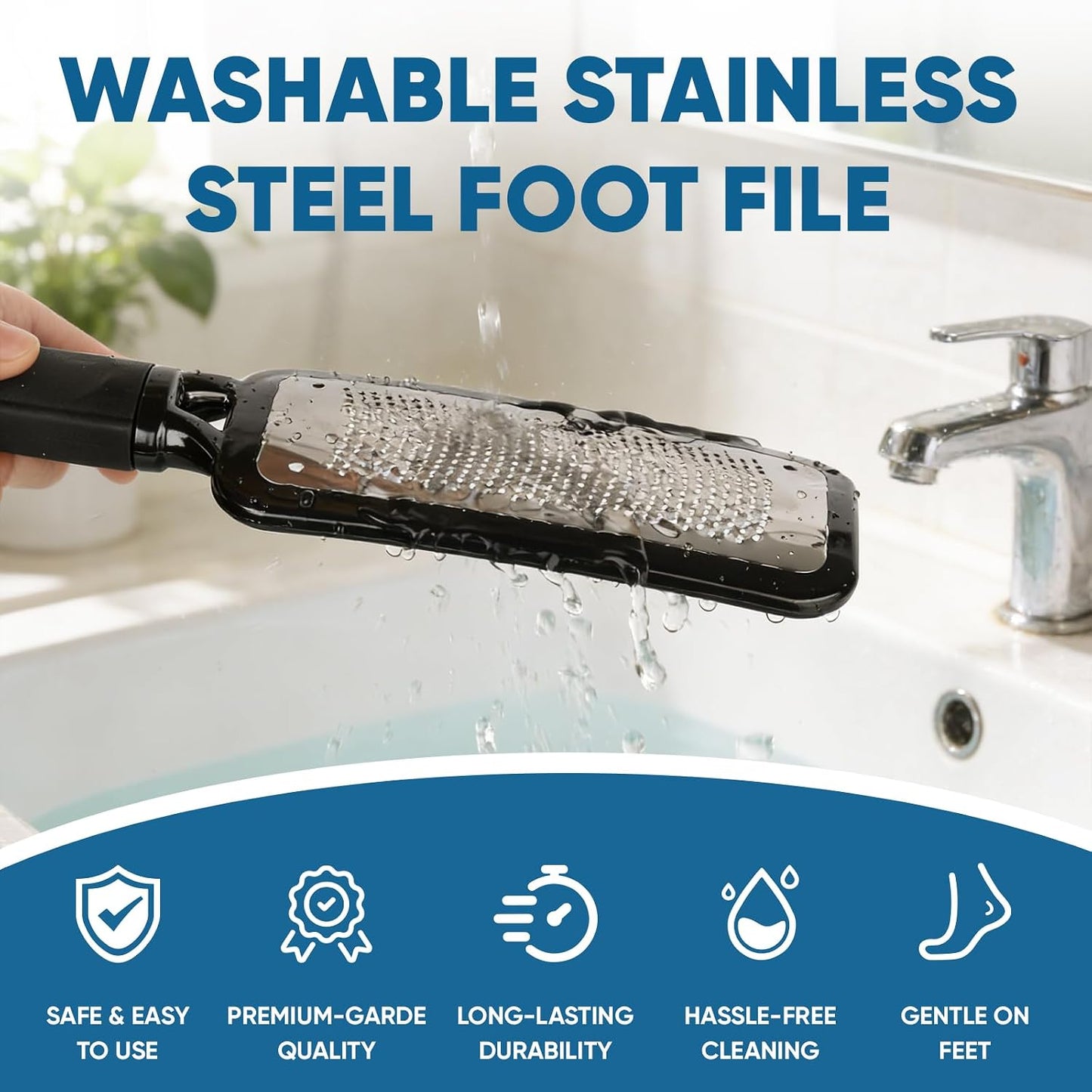 TEAWOO Double Sided Foot File and Callus Remover, Stainless Steel Waterproof Foot Scraper and Foot Rasp for Dead Skin & Hard Heels, 2-in-1 Pedicure Tools for At Home Foot Care