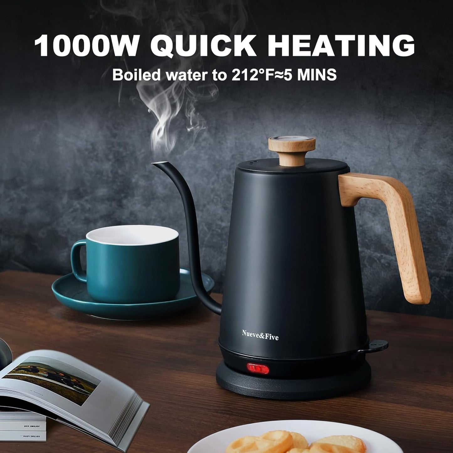 Nueve&Five Gooseneck Electric Kettle with Thermometer, Copper Tea Kettle with Auto Shut-Off,1000W Hot Water Kettle Electric of Stainless Steel,Electric Kettles for,Coffee & Tea