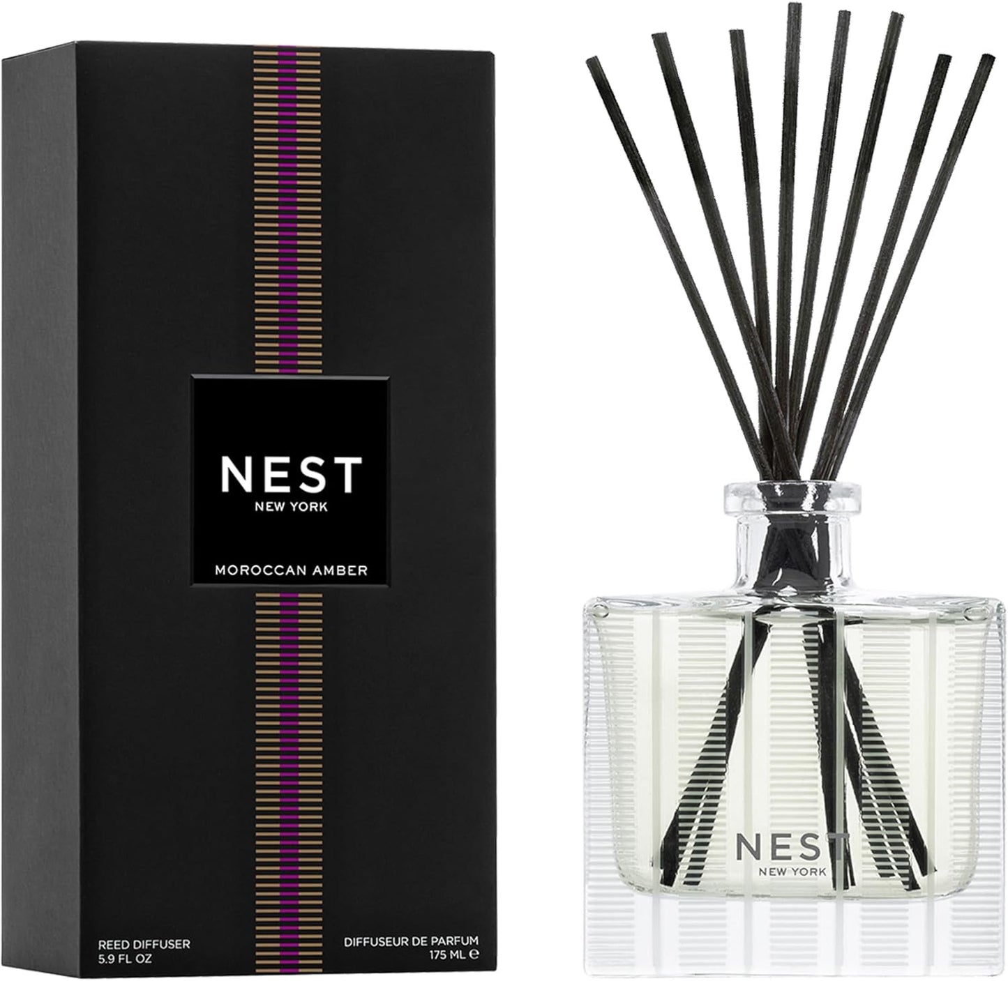 NEST New York Reed Diffuser, Bamboo - 5.9 fl oz - Fragrance for Up to 90 Days - Reusable, Refillable Glass Holder - Includes 8 All-Natural Reed Sticks - Flame Free
