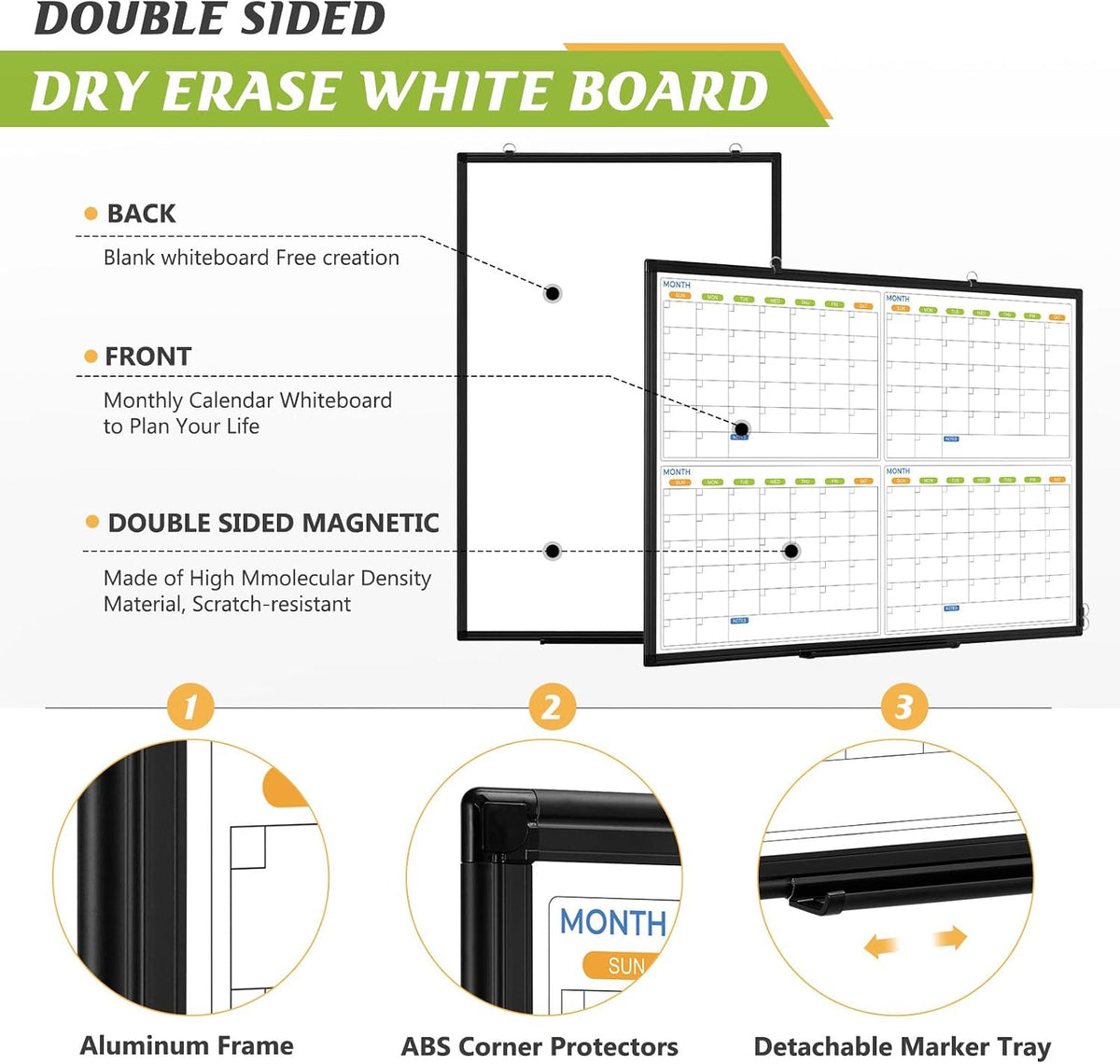 24" x 18" Magnetic Monthly Dry Erase Whiteboard Calendar for Wall