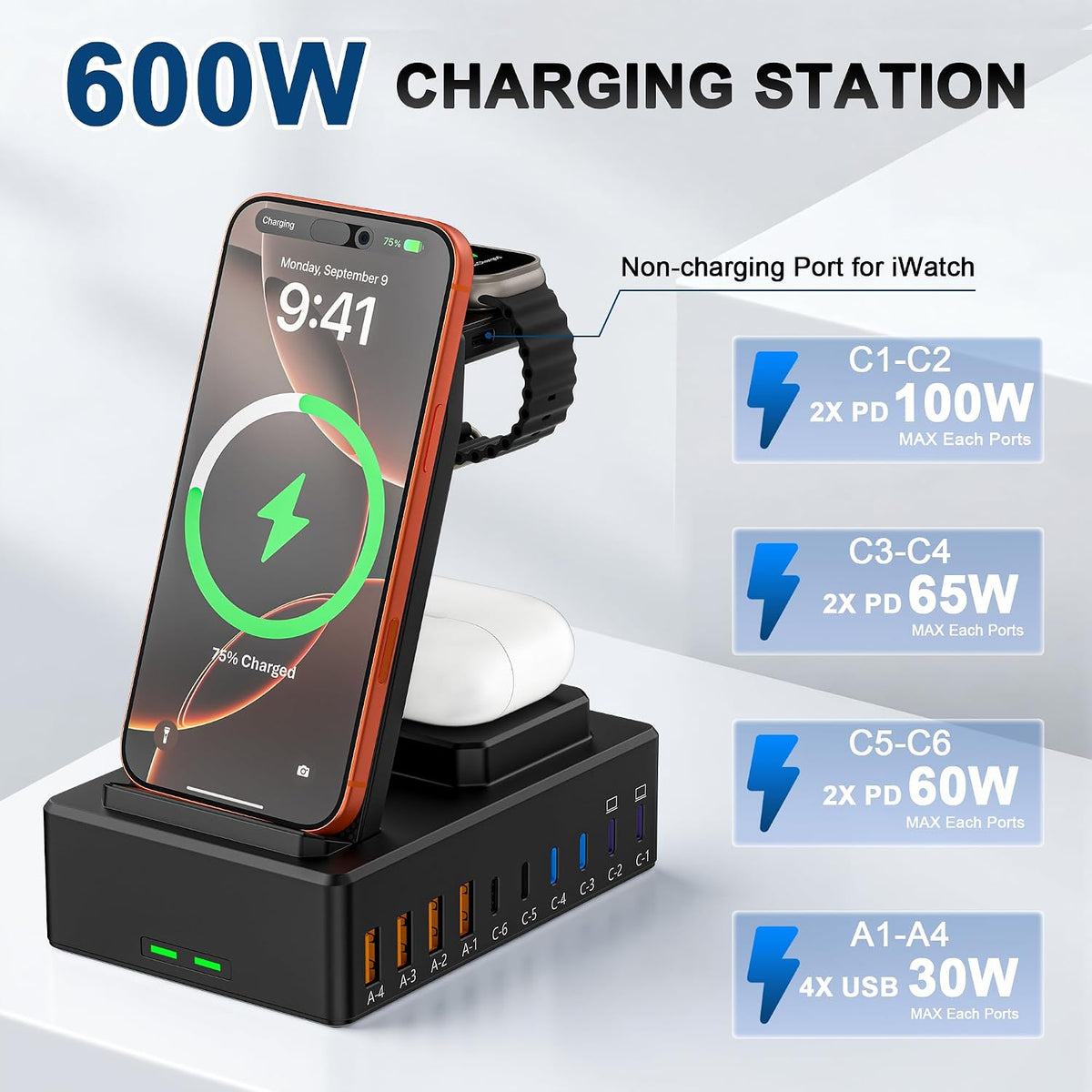 600W Charging Station for Multiple Devices Apple, Wireless Charger