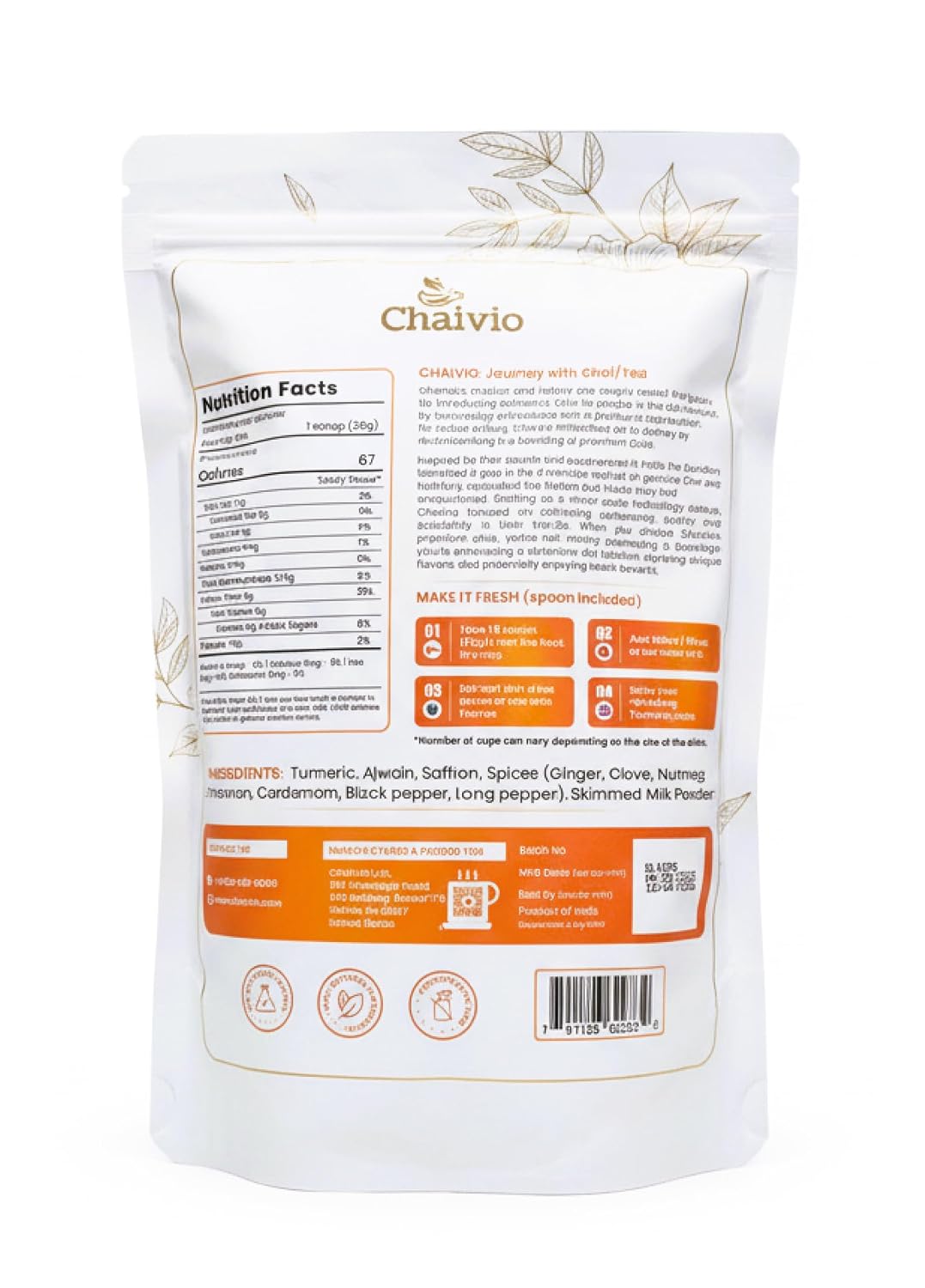 Chaivio Masala Chai Tea Latte, Unsweetened Instant Powder, Authentic Chai-with Natural Ingredients, No Preservatives, Tea Powder, Quick and Healthy Chai(1 lb)