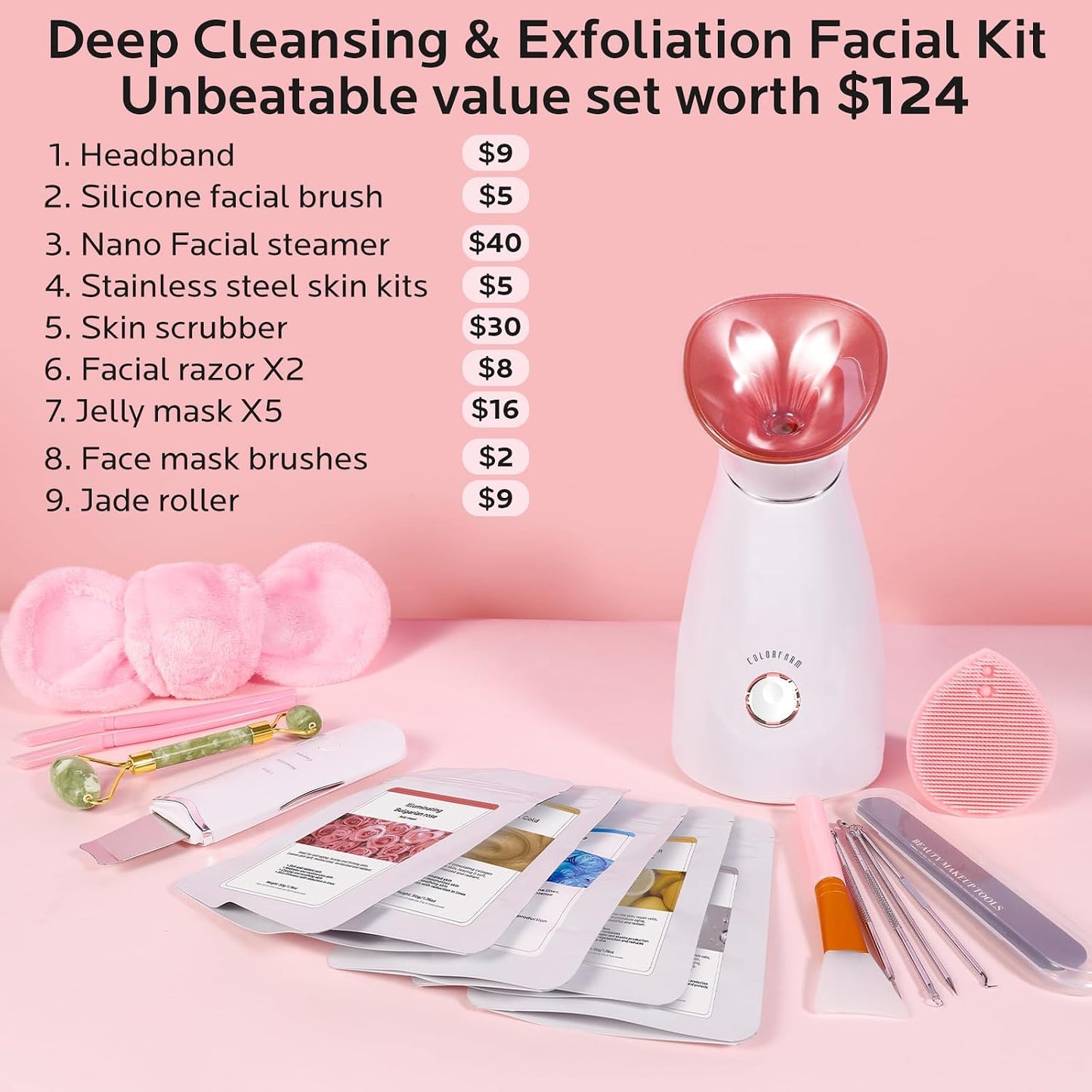 Colorfarm Facial Steamer Spa Kit with 17 Skin Care Tools for Home Spa