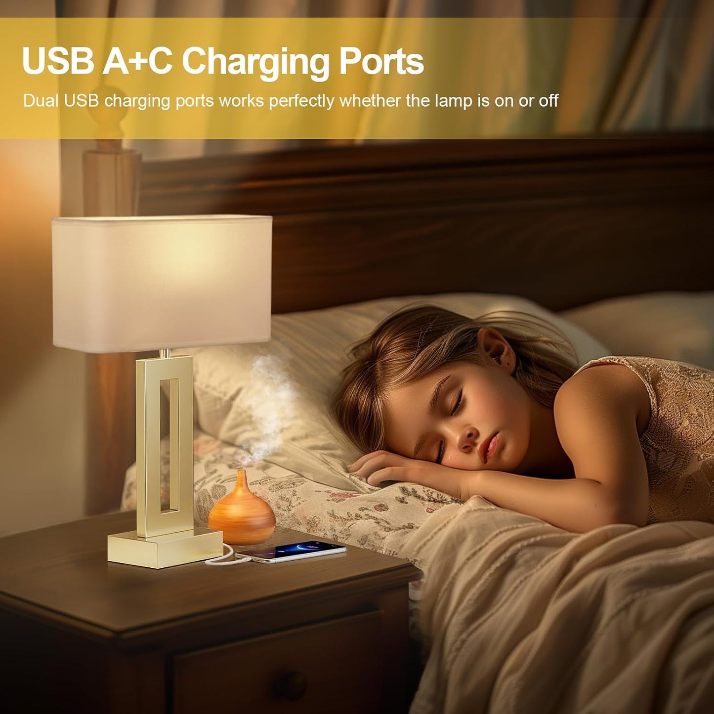 Gold Table Lamps Set of 2, 16.4" Bedside Lamps for Nightstand with USB C+A