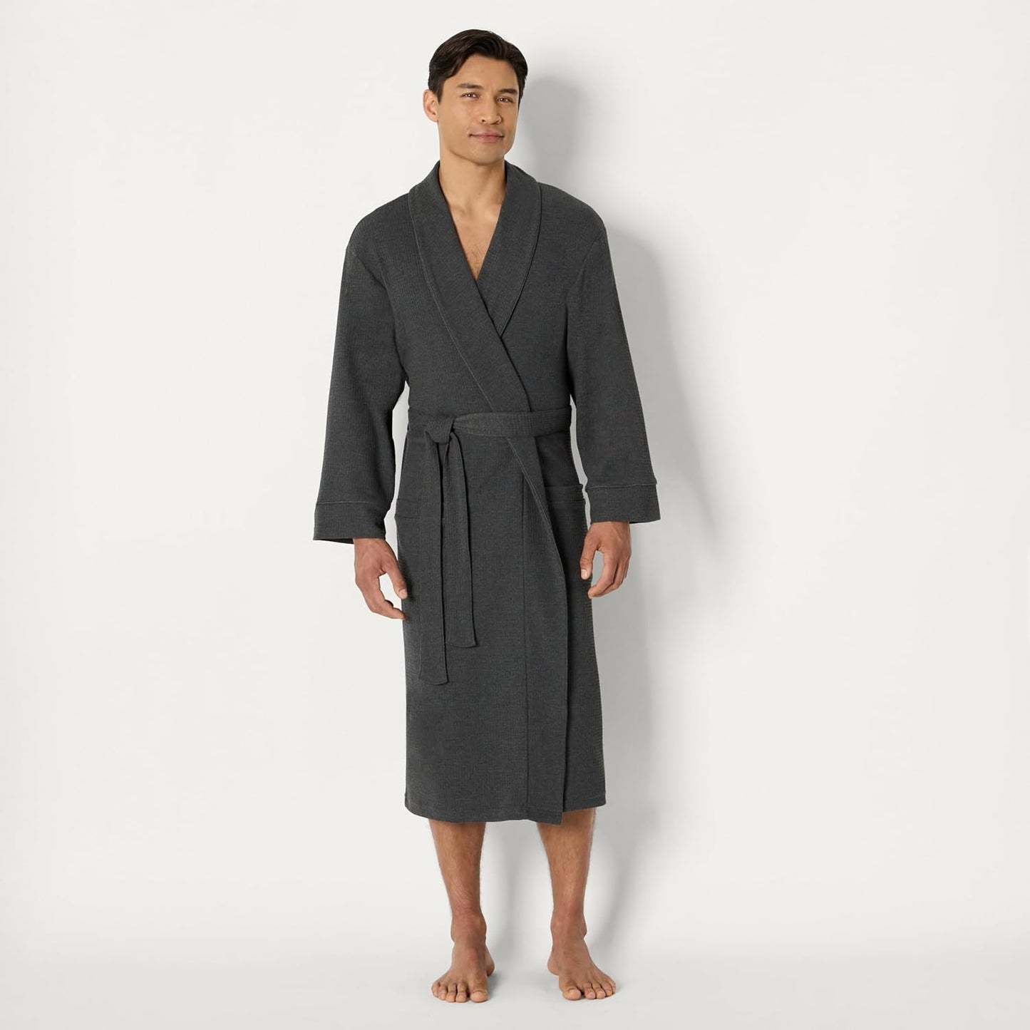 Amazon Essentials Men's Lightweight Cotton Waffle Bath Robe, Mid-Length Loungewear (Available in Big & Tall)