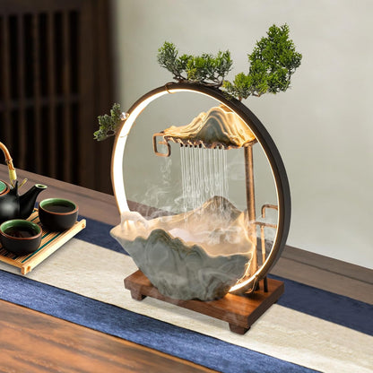 Mini Artificial Bonsai Tree Waterfall Fog Feature Rock Tabletop Fountain | 11in Desktop Decor Waterfall Fountain W/ Water Pump& Atomizer&LED Lights &Fake Tree Office Bedroom Relax
