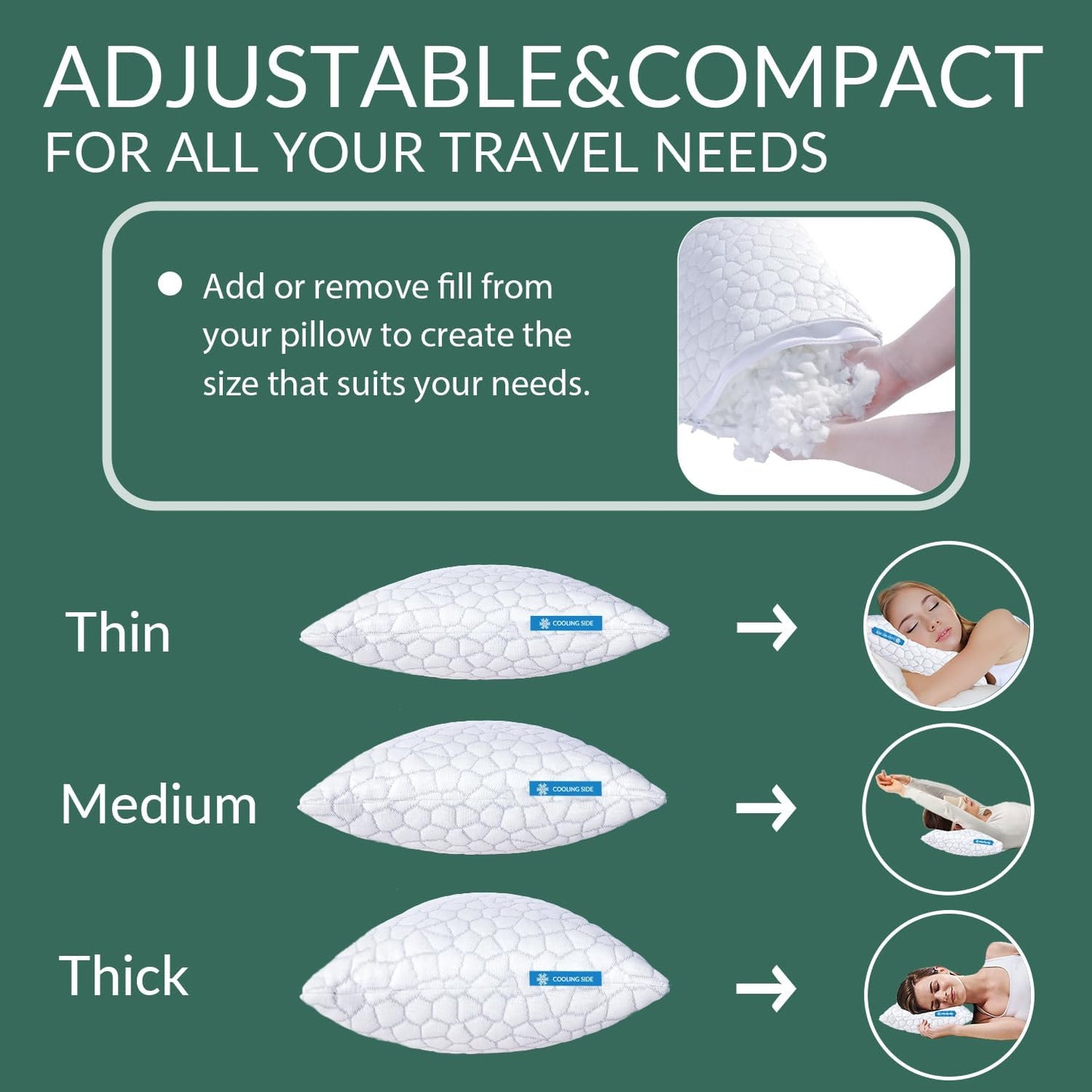 QUTOOL Cooling Pillow for Sleeping, CertiPUR-US Shredded Memory Foam Queen Pillows Set of 2, Cool Pillow for Hot Sleepers Adjustable Firm Pillow for Side, Back, Stomach Sleepers Soft Yet Support,White