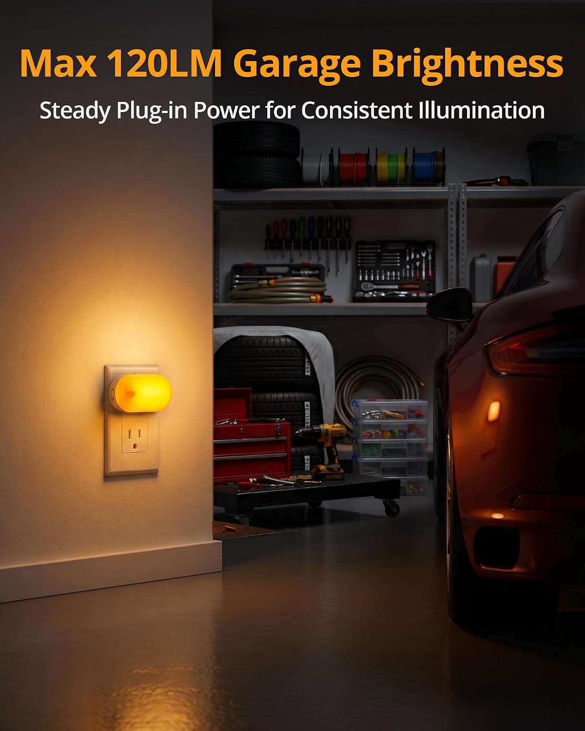 Lyridz 120LM Ultra Bright Plug-in Motion Sensor Night Light, Stepless Dimmable LED Nightlight, Always-On and Auto-Off, for Hallway, Stairs, Bathroom, Bedroom, Garage, Amber (2-Pack)