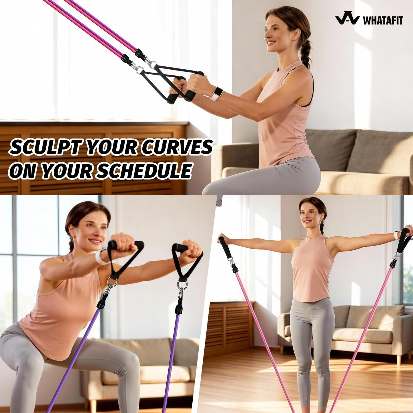 WHATAFIT Resistance Bands, Exercise Bands, Workout Bands with Handles, Door Anchor and Ankle Straps, 5 Resistance Levels Fitness Bands for Strength Training, Physical Therapy, and Home Gym Equipment