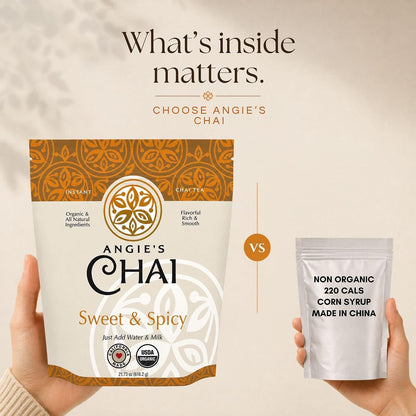 Angie's Chai Sweet & Spicy Organic Instant Chai Tea Powder - Made in USA, Delicious Spiced Mix, 30 Servings, 80 Calories, Handcrafted, Free of Artificial Ingredients, Natural Indian Spice, 12 oz