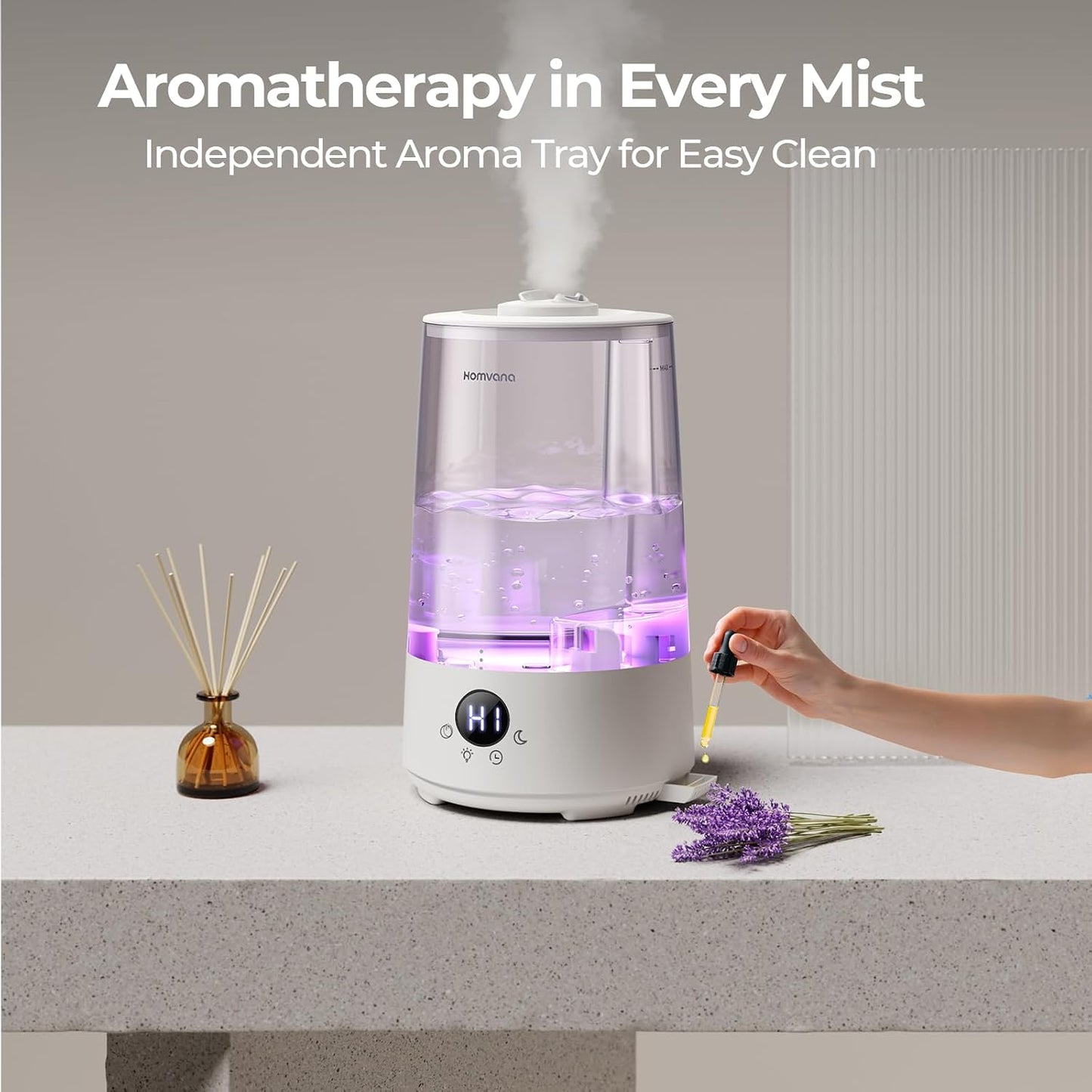 Homvana 3.6L Top-Fill Cool Mist Humidifiers for Bedroom, Large Room & Plants, 23dB Ultra-Quiet, Easy-to-Clean 2-in-1 Baby Humidifier & Oil Diffuser for Congestion Relief, Lasts Up to 4 Nights (Grey)