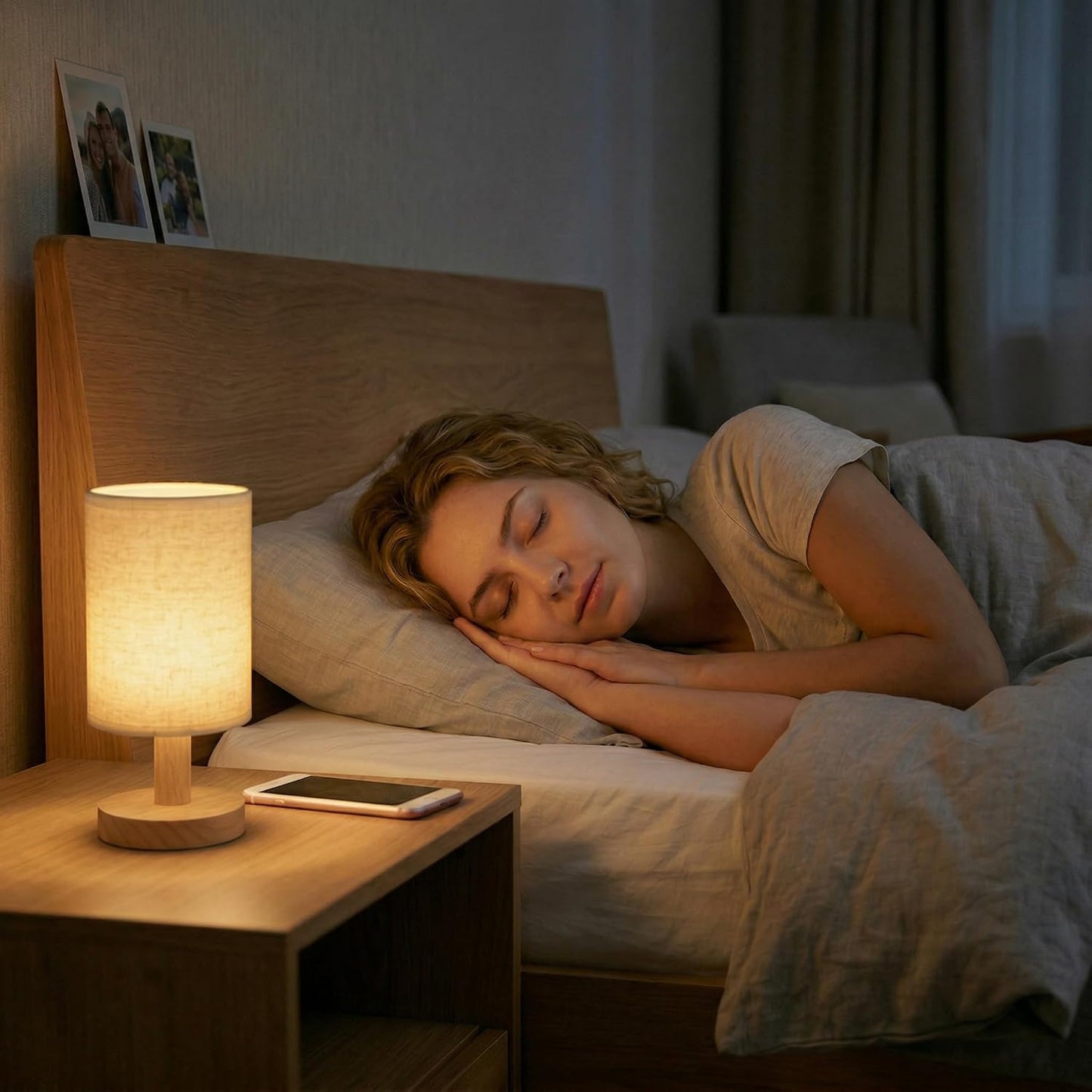 Touch Bedside Table Lamp - Stepless Dimming USB Powered, Minimalist Wood Base Linen Shade, 2700K Warm Light for Bedroom Nightstand Nursery Dorm Small Spaces, 5W LED 50K Hrs (No Bulb Replacement)