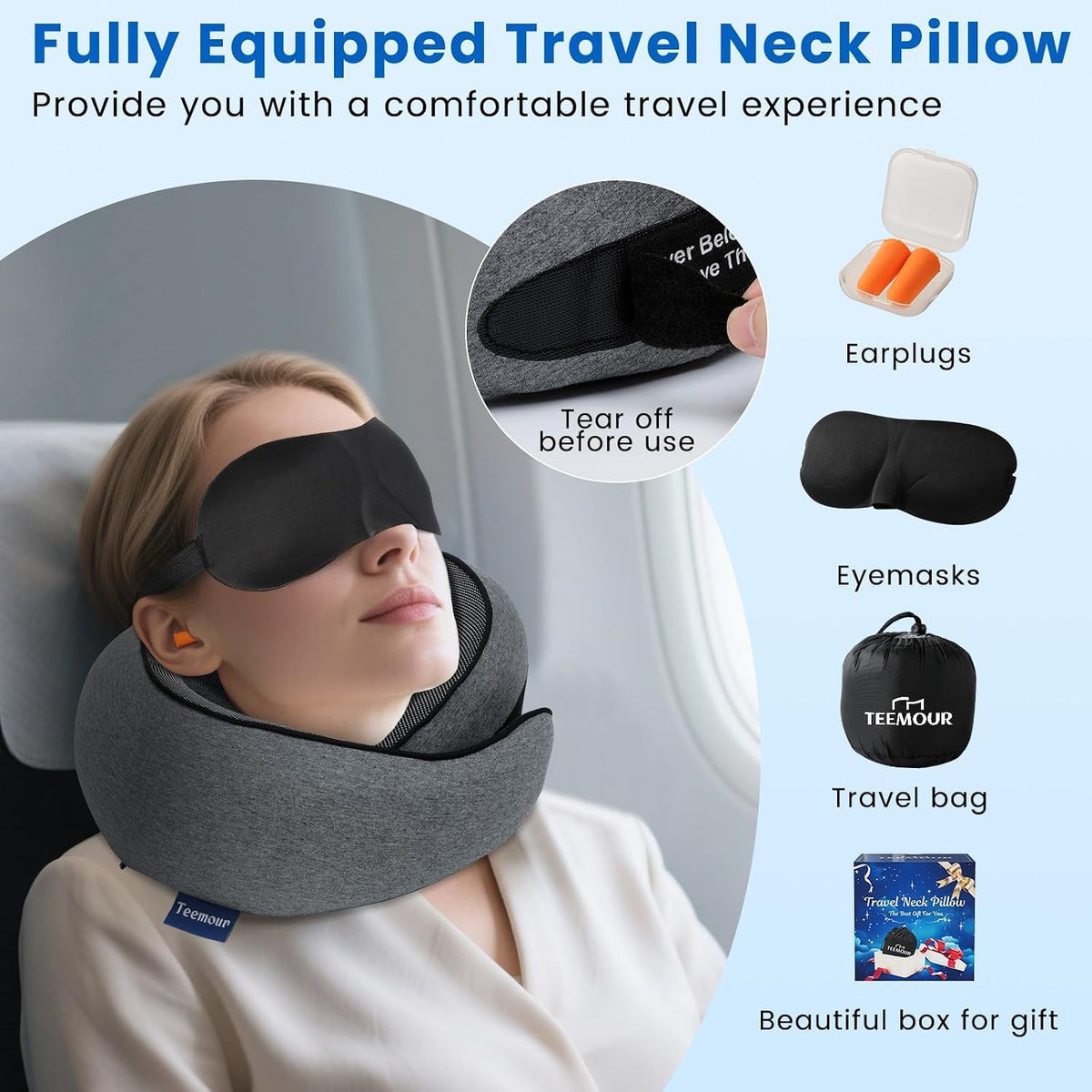 Travel Pillow Neck Pillow for Airplane Travel Essentials - Memory Foam Travel Neck Pillow, Stops Head Bobbing With Eye Mask & Earplugs, Portable Carry Bag for Long Flights| Airplane Accessories Black
