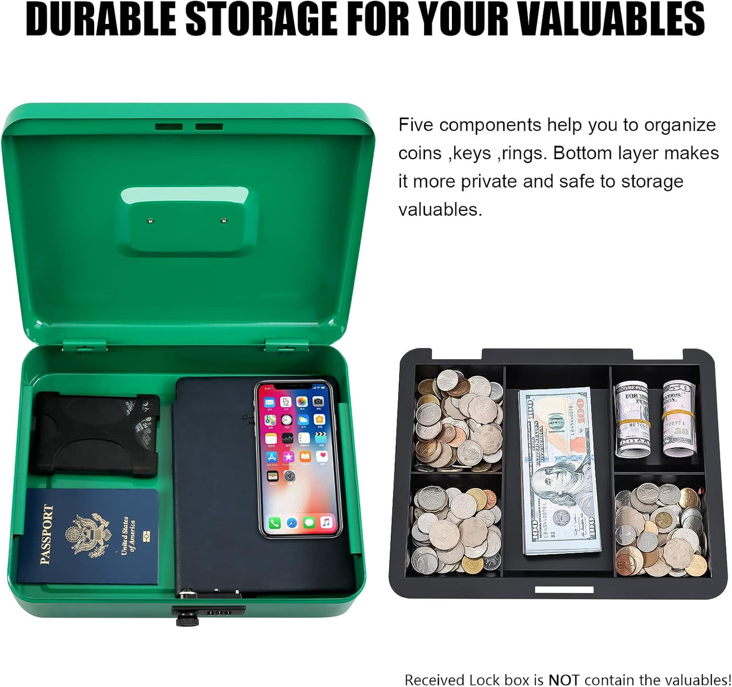 KYODOLED Cash Box with Combination Lock Safe Metal Money Box with Money Tray for Security Lock Box 7.87"x 6.30"x 3.35" Black