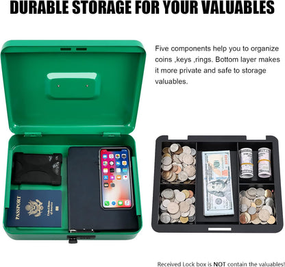 KYODOLED Cash Box with Combination Lock Safe Metal Money Box with Money Tray for Security Lock Box 7.87"x 6.30"x 3.35" Black