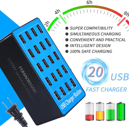 Charging Station, 100W 20-Port USB Multi Device Charger Hub with Intelligent Safety Features, Compact Power Strip for Phones, Watches, Pads, Speakers, Headphones & PS, Ideal for Home Office & Travel