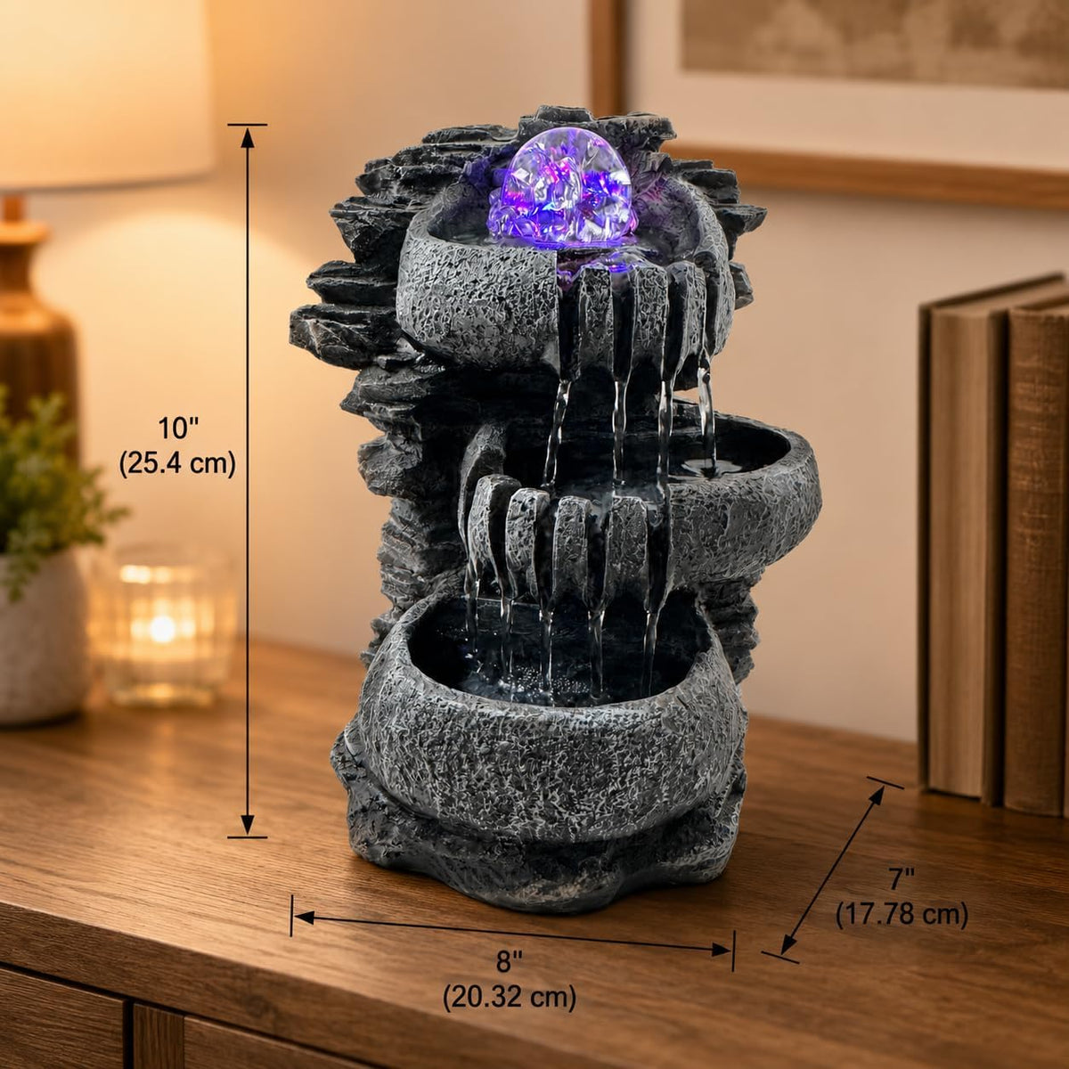 Indoor Tabletop Water Fountain with LED Light, Resin Rock-Look Waterfall Decor, Feng Shui Inspired Zen Fountain for Desk, Office, Bedroom, Living Room & Meditation Space (9" Cascading Rock)