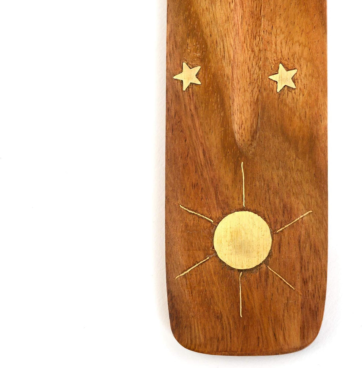 Wooden Incense Holder for Sticks with Inlays of Brass Crescent Moon 10 inches Long