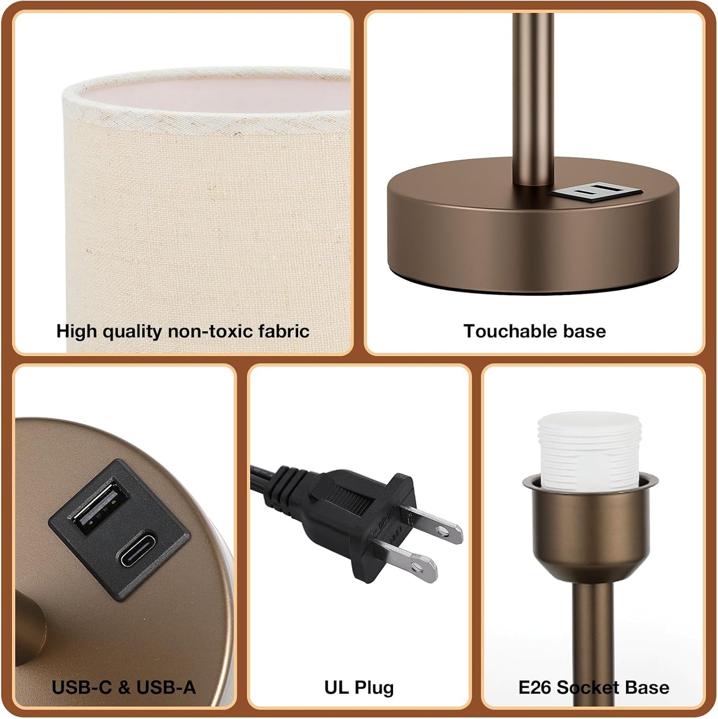 Dicoool Touch Bedside Table Lamp with USB - 3 Way Dimmable Wood Lamp for Bedroom Nightstand, Desk Lamp with Charging Station for Dorm, Living Room, Office, Kids Room, Small, 14in