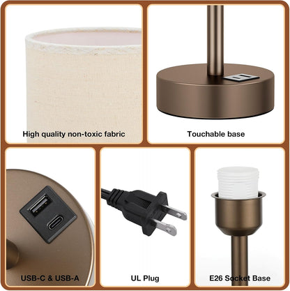 Dicoool Touch Bedside Table Lamp with USB - 3 Way Dimmable Wood Lamp for Bedroom Nightstand, Desk Lamp with Charging Station for Dorm, Living Room, Office, Kids Room, Small, 14in