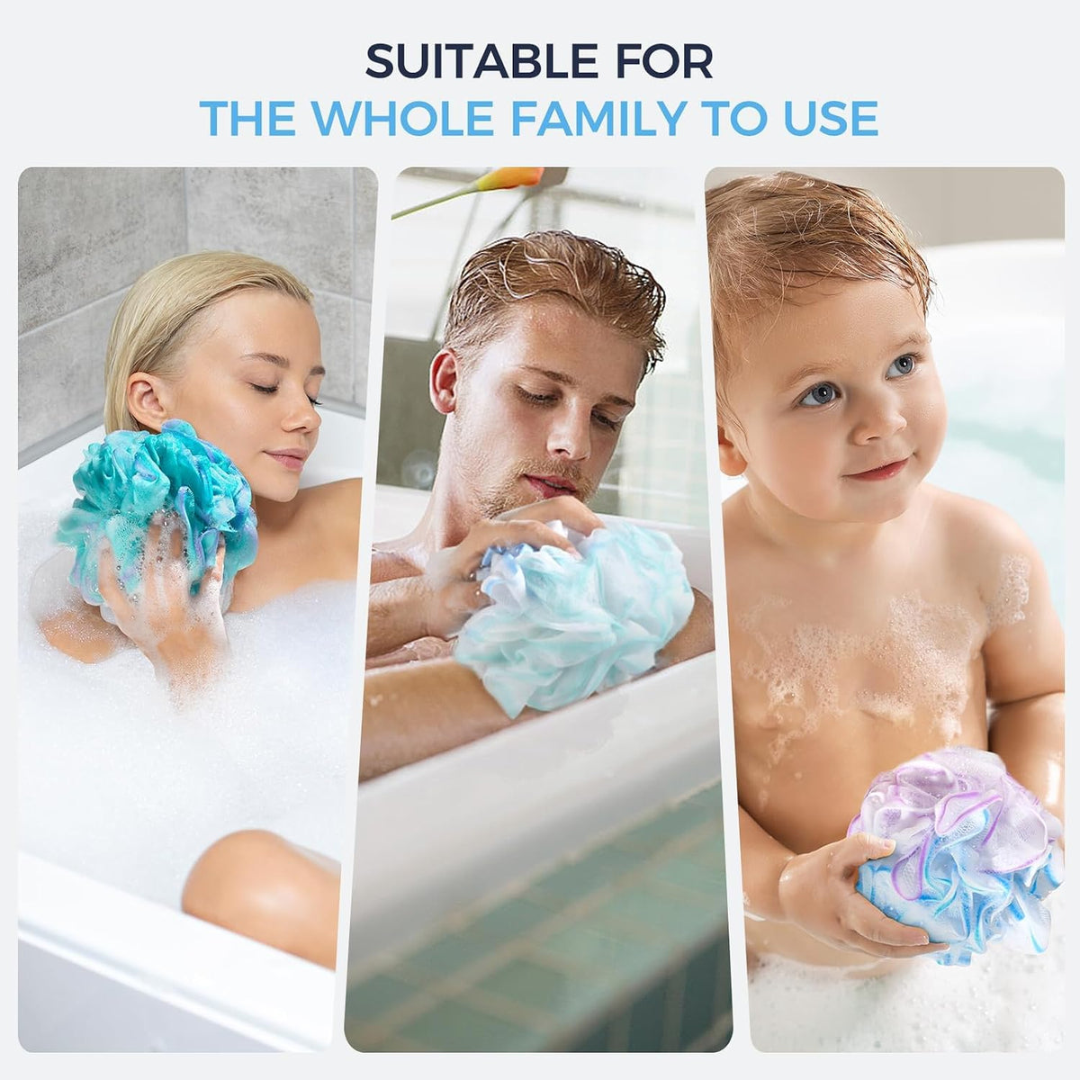 DadyMart Shower Loofah Sponge Pouf – XL Exfoliating Bath Puff Body Scrubber, Soft Mesh Shower Sponge with Reinforced Knot, Rich Lather, Set of 4 for Women and Men