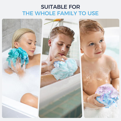 DadyMart Shower Loofah Sponge Pouf – XL Exfoliating Bath Puff Body Scrubber, Soft Mesh Shower Sponge with Reinforced Knot, Rich Lather, Set of 4 for Women and Men