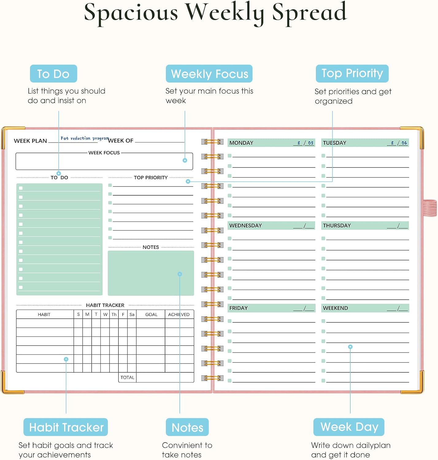 Undated Weekly Planner, Hardcover Leather Weekly & Monthly Calendar Blank Planner, To Do List Notebook with Goal & Habit Tracker Organizer, A5 Daily Planner with Spiral Binding, Ideal for Work School Home, Black