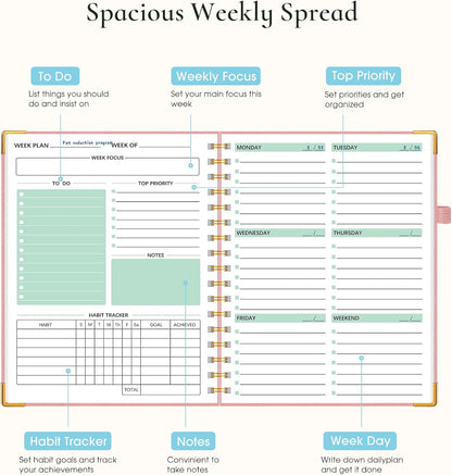 Undated Weekly Planner, Hardcover Leather Weekly & Monthly Calendar Blank Planner, To Do List Notebook with Goal & Habit Tracker Organizer, A5 Daily Planner with Spiral Binding, Ideal for Work School Home, Black