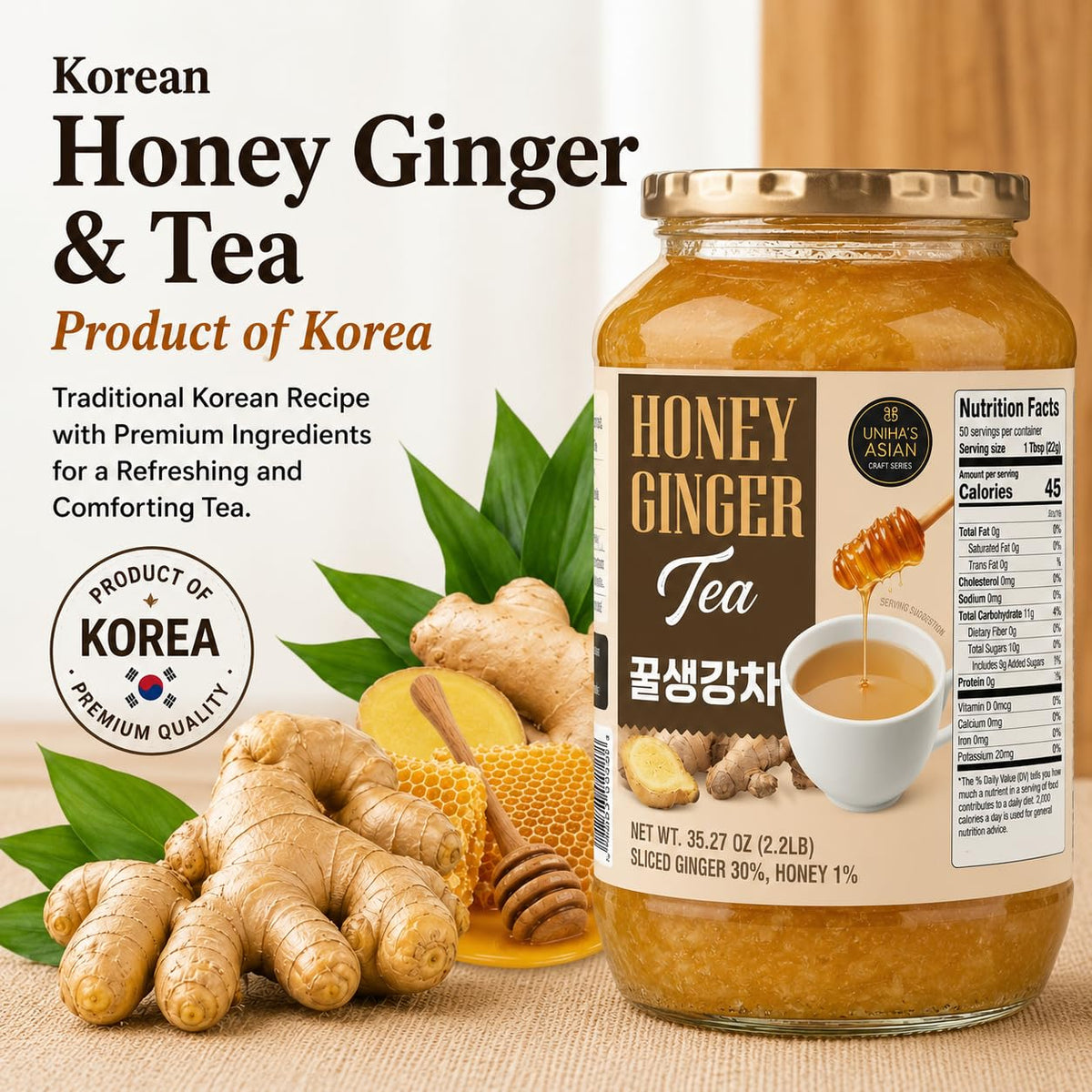 Unha's Korean Honey Ginger Tea, Sliced Ginger, 35.27 oz