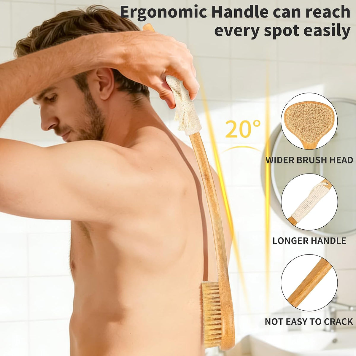 Long Handle Bath Brush-Back Scrubber for Shower, Exfoliating Body Brush with Bristles for Wet & Dry Brushing, Shower Brush for Men & Women