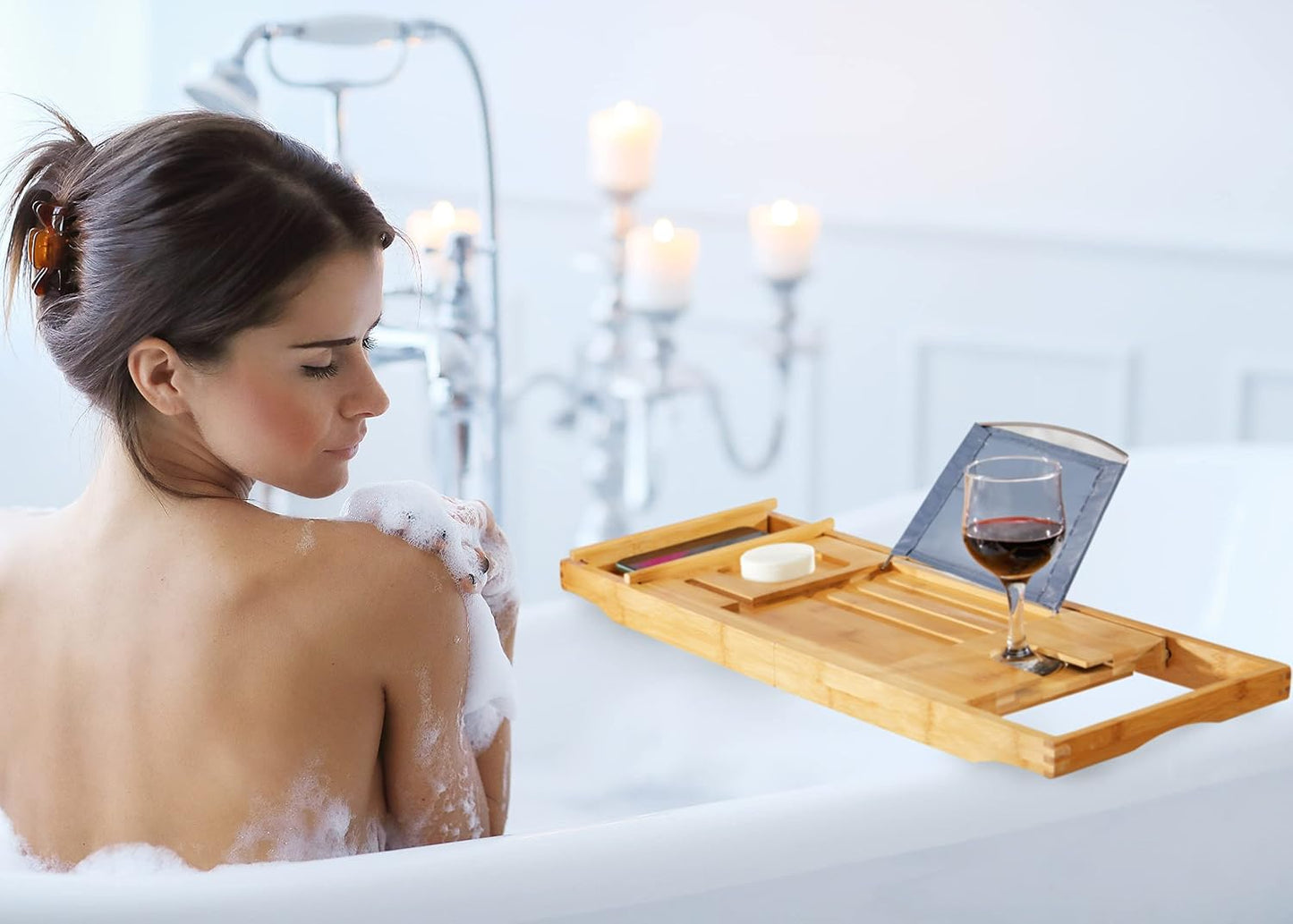 Bamboo Bathtub Caddy Tray, Expandable Bath Table Over Tub with Glass Book