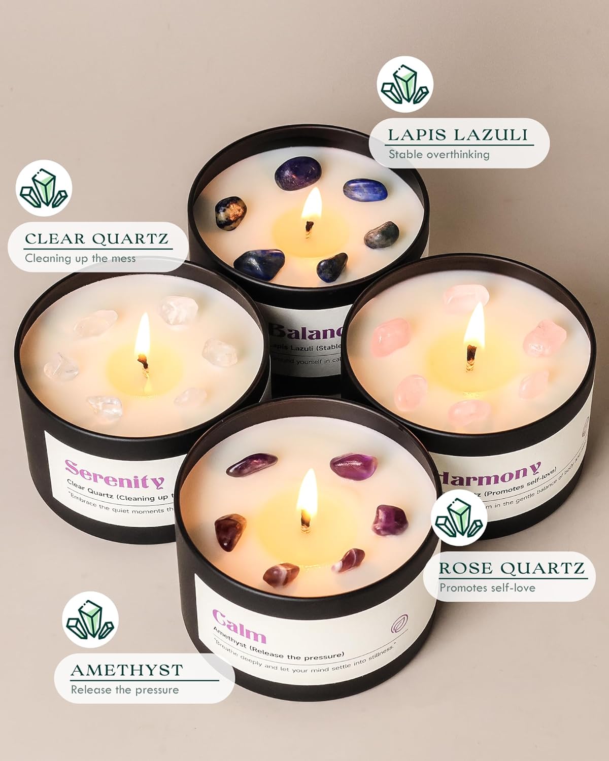 AOOVOO Crystal Energy Candles Set for Women - 4 Pack 26 oz Soy Wax Candles for Home Scented, 200 Hour Long Lasting Candle, Laughter Red Crystal/Love Rose Quartz/Joy Citrine/Passion Red Quartz