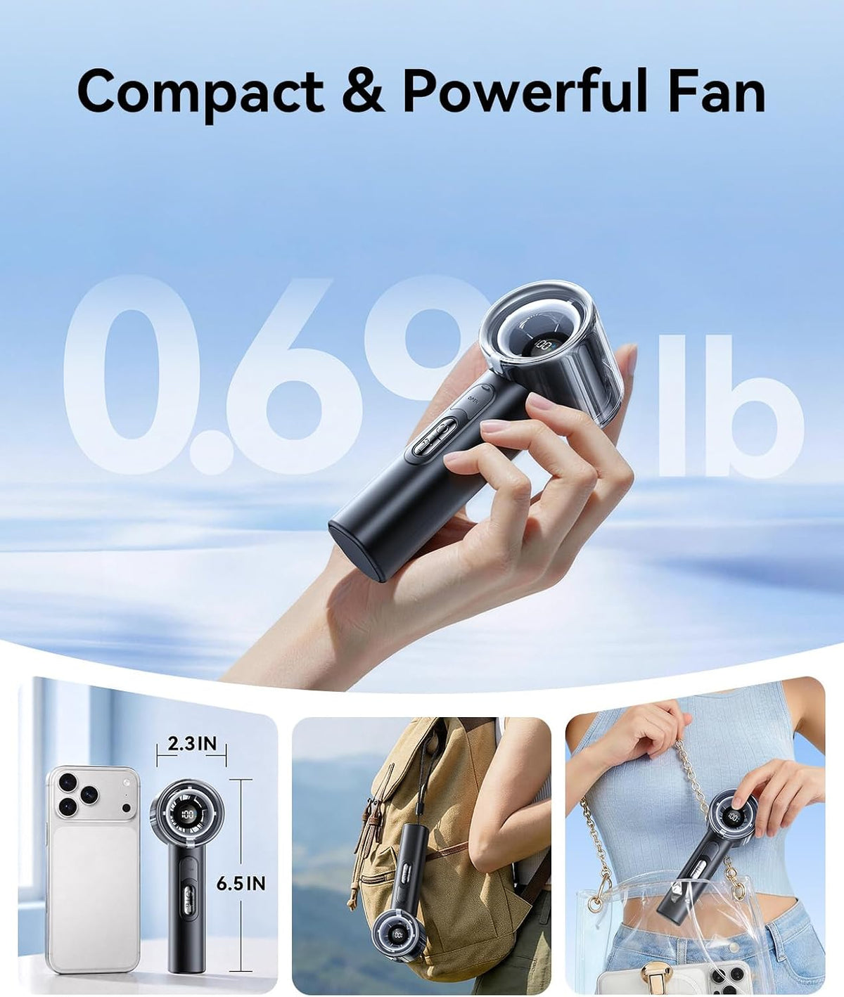 KIMMOO Portable Misting Fan, USB Rechargable Handheld Fan with Water Spray Mist, Up to 13 Hrs Cooling, 25000PRM, 100 Speeds, 50ml Water Tank, Personal Turbo Fan for Travel/Makeup/Office/Outdoor, Black