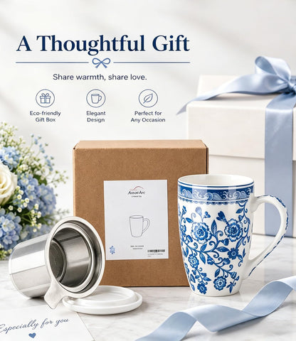 AmorArc 18oz Porcelain Tea Mug with Infuser & Lid, Loose Leaf Tea Cup with Stainless Steel Strainer, Large Coffee Mug Gift for Women, Tea Lovers, Home & Office